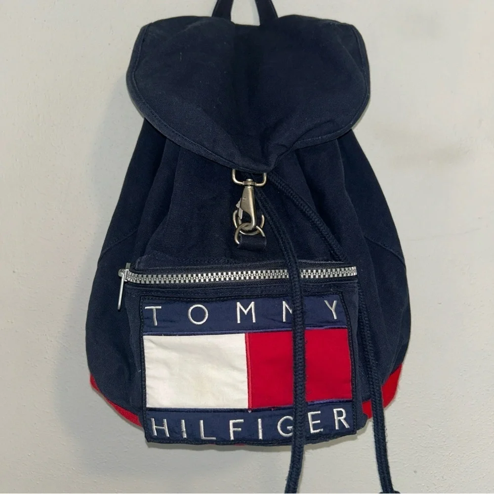 Vintage 1990s Tommy Hilfiger Backpack Nap Sack Tote Bag Big Flag Spell Out Logo - Picture 1 of 6